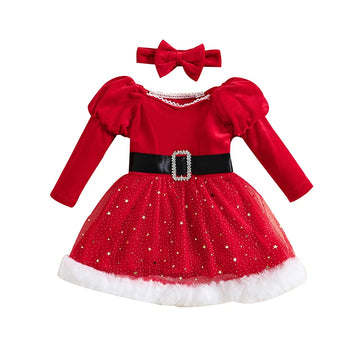 MQTIME  -  0-4Y Toddler Kids Girl Christmas Dress Long Sleeve Stars Mesh Lace Patchwork A-Line Dress with Bow Headband